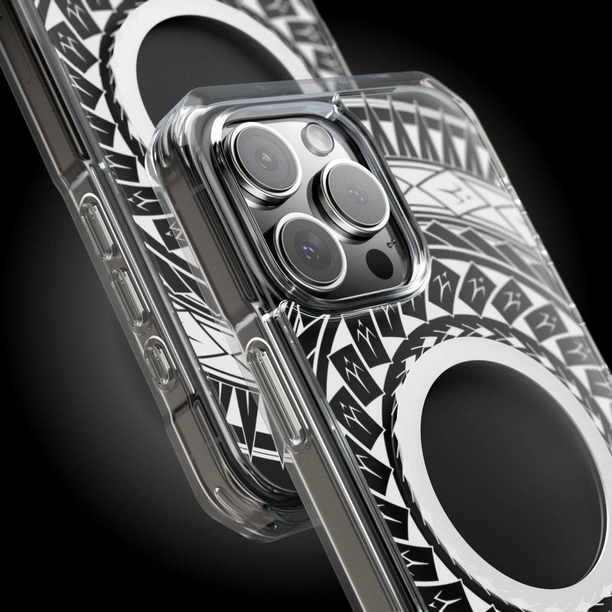 WOYC PasifikaOne MagSafe clear case for iPhone 16 featuring Samoan spear design, transparent and compatible with MagSafe.