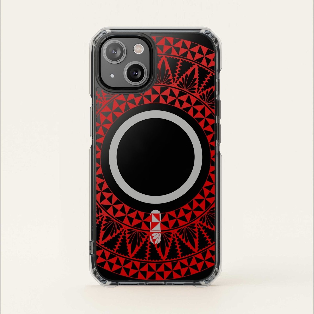 PasifikaOne MagSafe clear case for iPhone 16 in Tongan Redleaf design, showcasing a transparent protective phone cover.