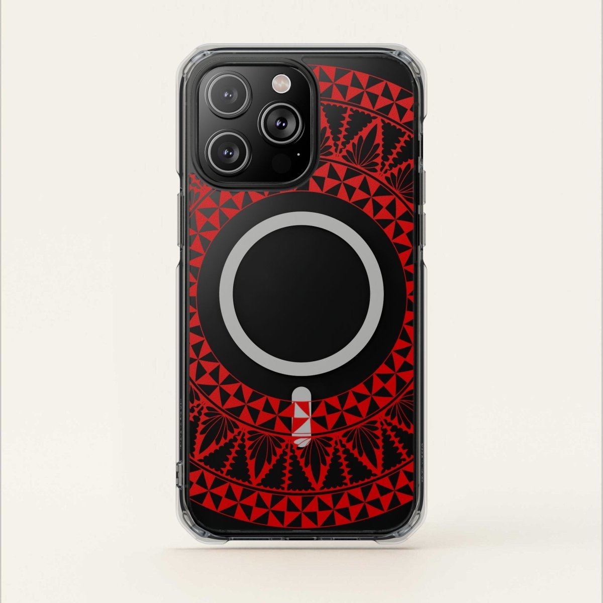 PasifikaOne MagSafe clear case for iPhone 16 with Tongan Redleaf design, transparent and protective for MagSafe compatibility.