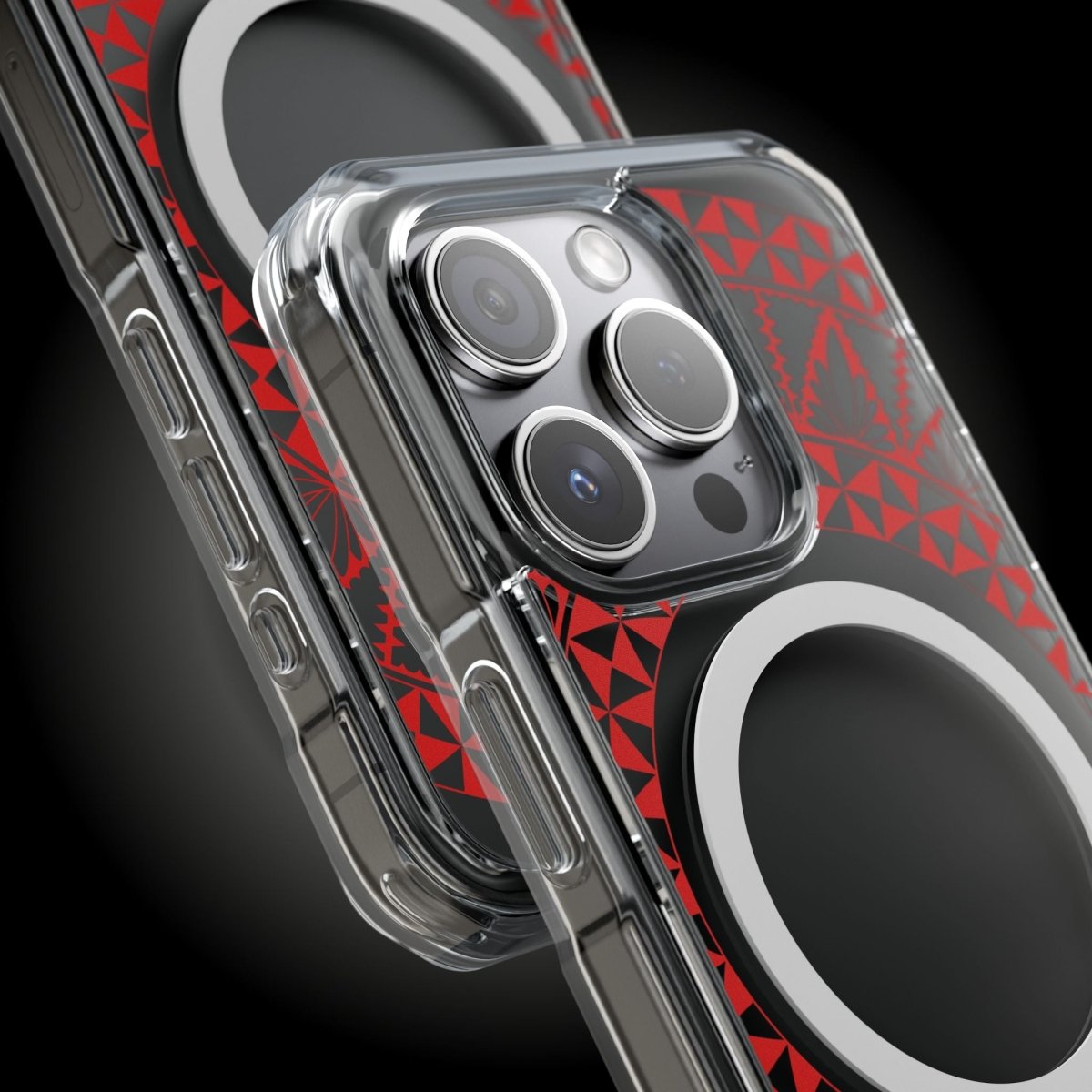 PasifikaOne MagSafe clear case for iPhone 16 with Tongan Redleaf design, compatible with AU, NZ, and USA models.