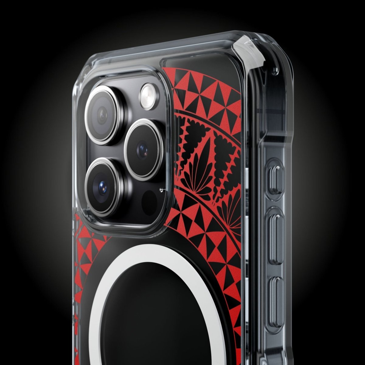 PasifikaOne MagSafe iPhone ClearCase in Tongan Redleaf, transparent case with floral design for iPhone 16.