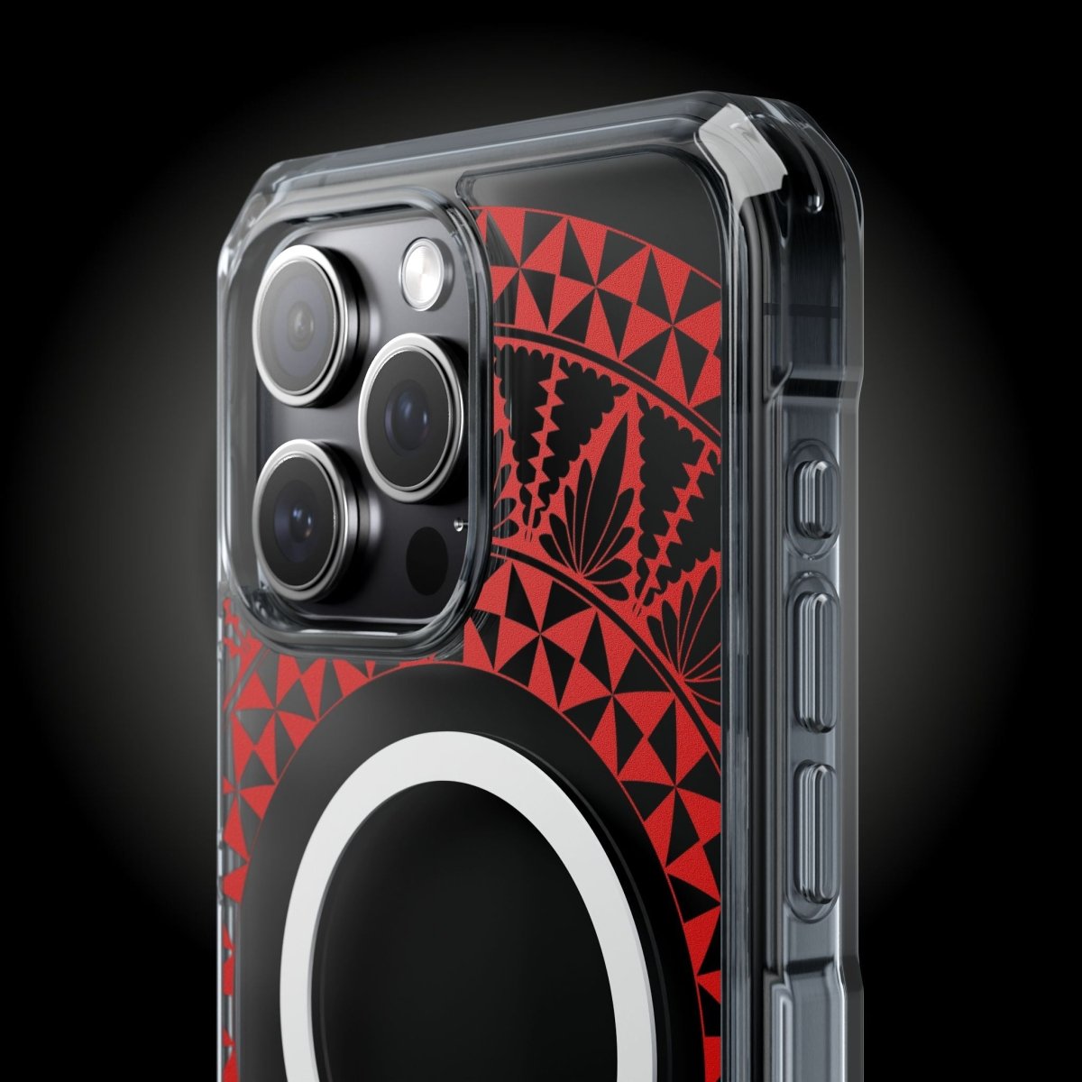 PasifikaOne MagSafe clear case for iPhone 16 with Tongan Redleaf design, transparent protective cover for MagSafe compatibility.