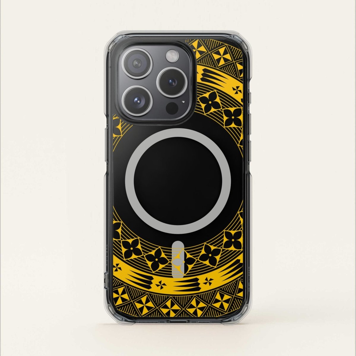 PasifikaOne MagSafe clear case for iPhone 16 in Tongan Yellow, showcasing transparent design and MagSafe compatibility.