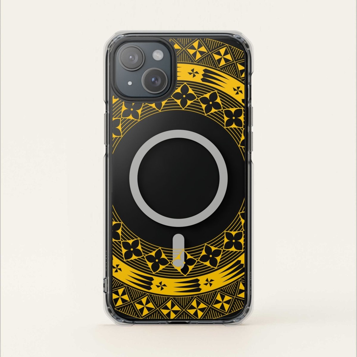 PasifikaOne MagSafe clear case for iPhone 16 in Tongan Yellow, transparent design showcasing the phone's back.