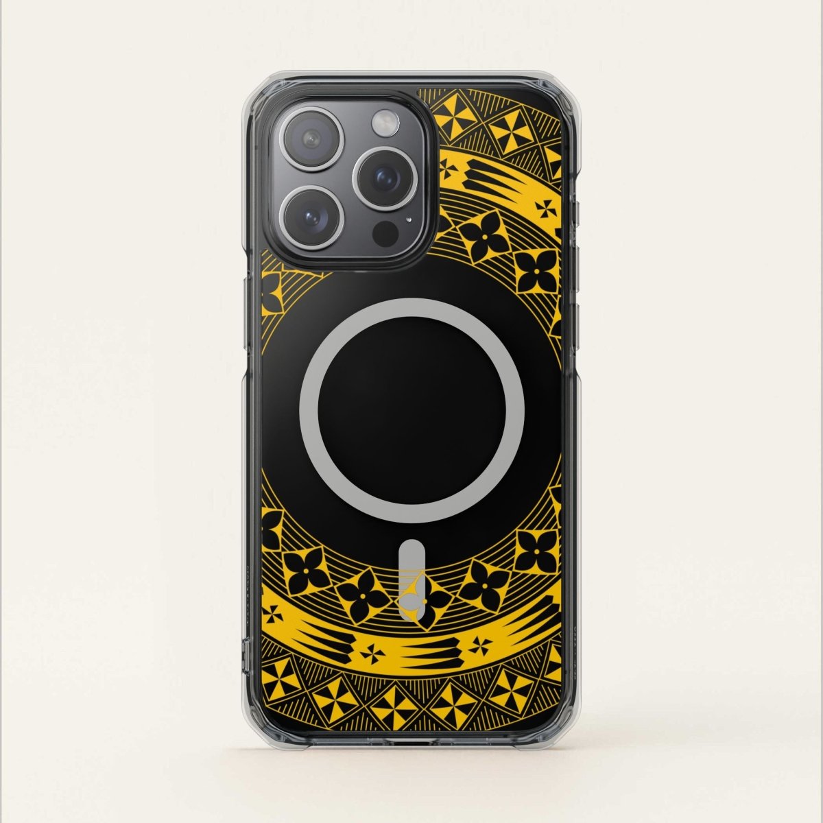 PasifikaOne MagSafe clear case for iPhone 16 in Tongan Yellow, showcasing a transparent design and magnetic compatibility.