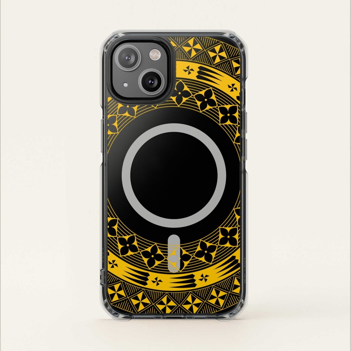 PasifikaOne MagSafe clear case for iPhone 16 in Tongan Yellow, transparent protective cover with MagSafe compatibility.