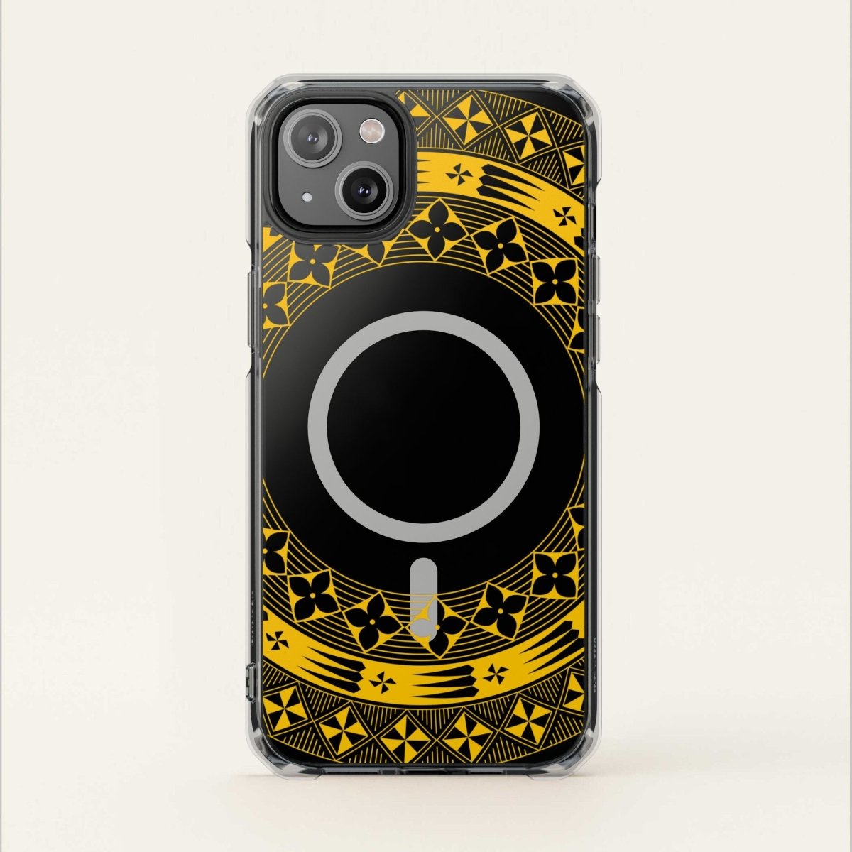 PasifikaOne MagSafe clear case for iPhone 16 in Tongan Yellow, showcasing transparent design and MagSafe compatibility.