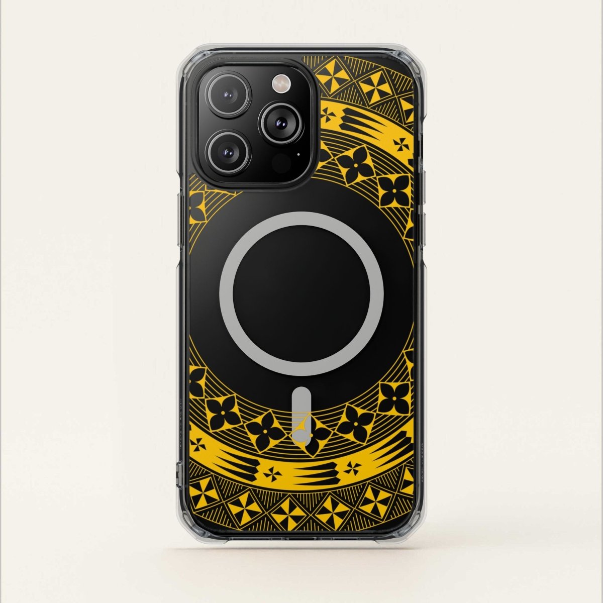 PasifikaOne MagSafe clear case for iPhone 16 in Tongan Yellow, showing the transparent design and MagSafe compatibility.