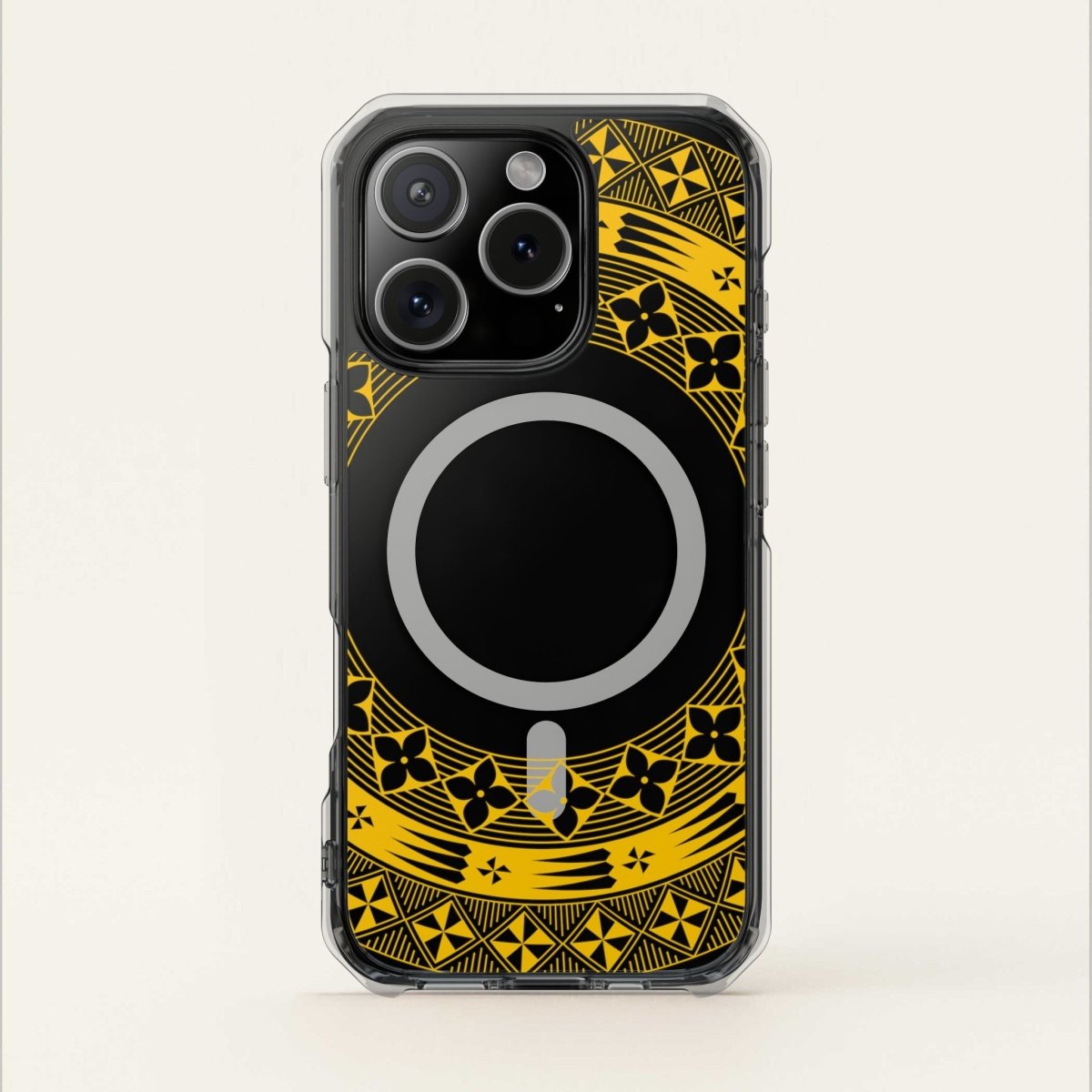 PasifikaOne MagSafe clear case for iPhone 16 in Tongan Yellow, showcasing transparent design and MagSafe compatibility.