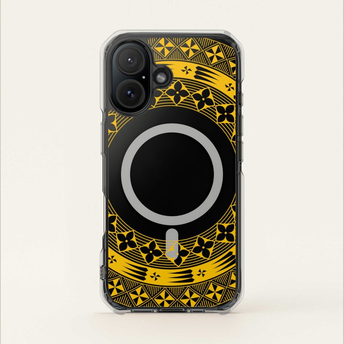 PasifikaOne MagSafe clear case for iPhone 16 in Tongan Yellow, showcasing a transparent design with yellow accents.
