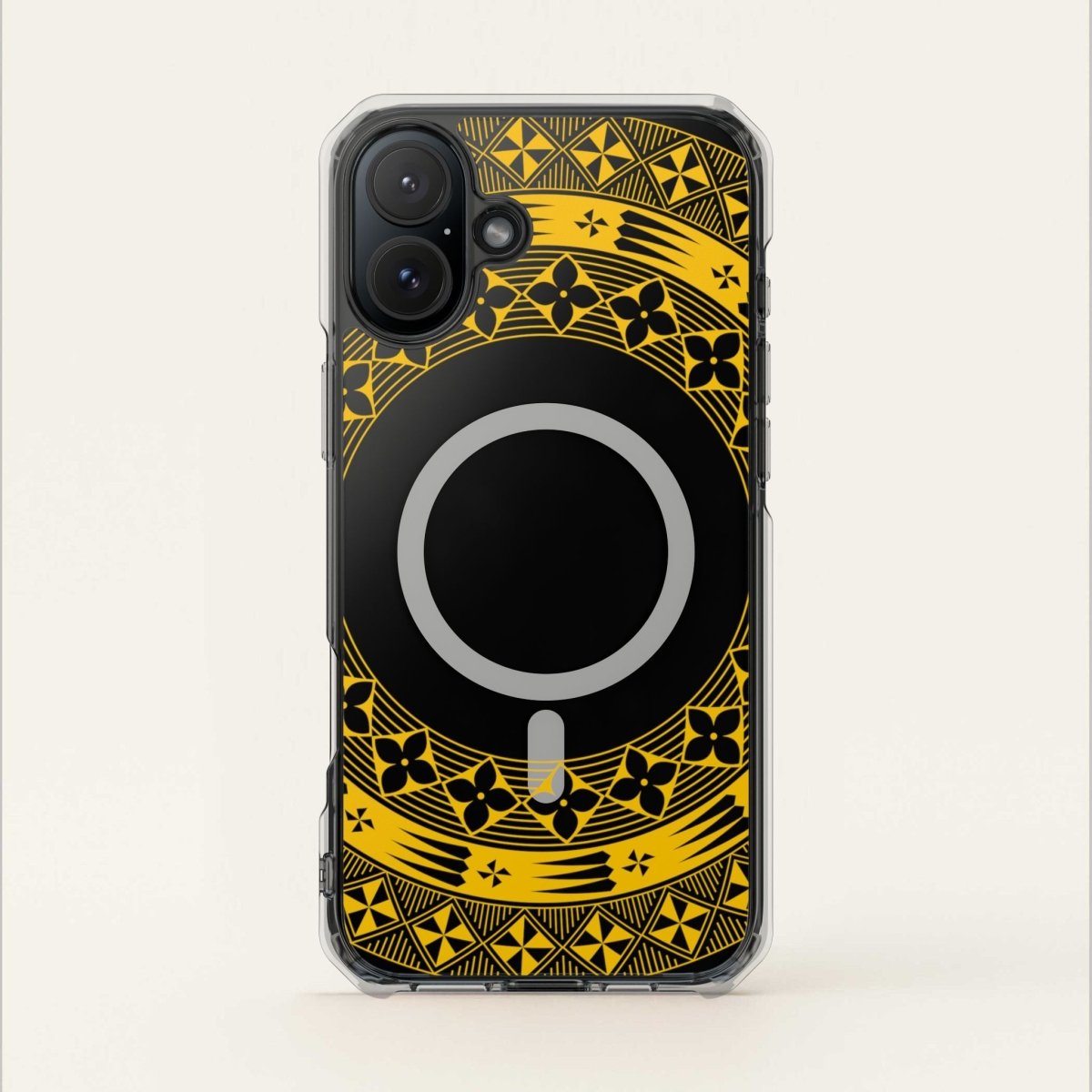 PasifikaOne MagSafe clear case for iPhone 16 in Tongan Yellow, showcasing transparent design and magnetic attachment.