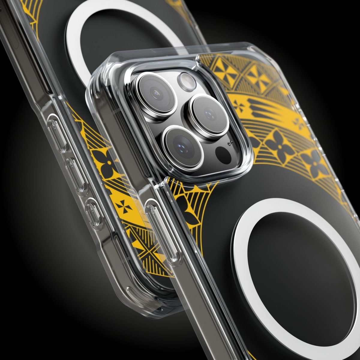 WOYC PasifikaOne MagSafe iPhone clear case in Tongan Yellow with transparent design for iPhone 16, showing slim profile and magnetic attachment.