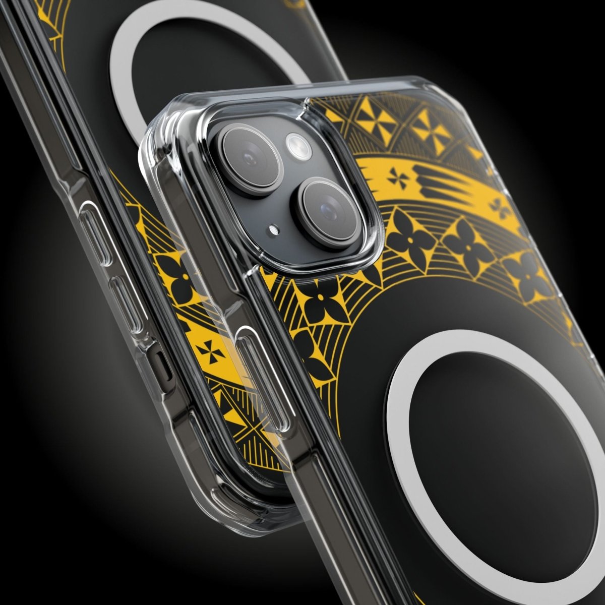 PasifikaOne MagSafe clear case for iPhone 16 in Tongan Yellow, showcasing transparent design and magnetic attachment.