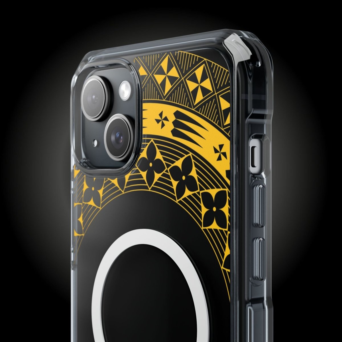 PasifikaOne MagSafe clear case for iPhone 16 in Tongan Yellow, showcasing a transparent design with colorful accents.