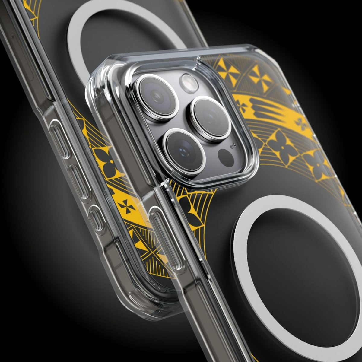 PasifikaOne MagSafe clear case for iPhone 16 in Tongan Yellow, showing a transparent design with subtle yellow tint.