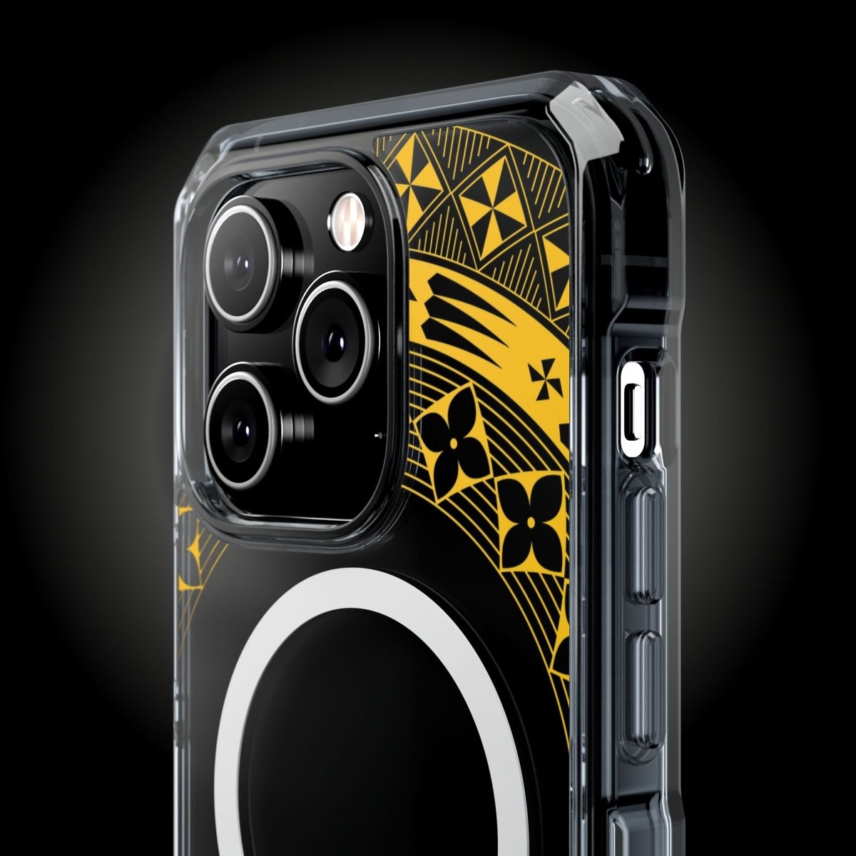 WOYC PasifikaOne MagSafe clear case for iPhone 16 in Tongan Yellow, showcasing a transparent design with yellow accents.
