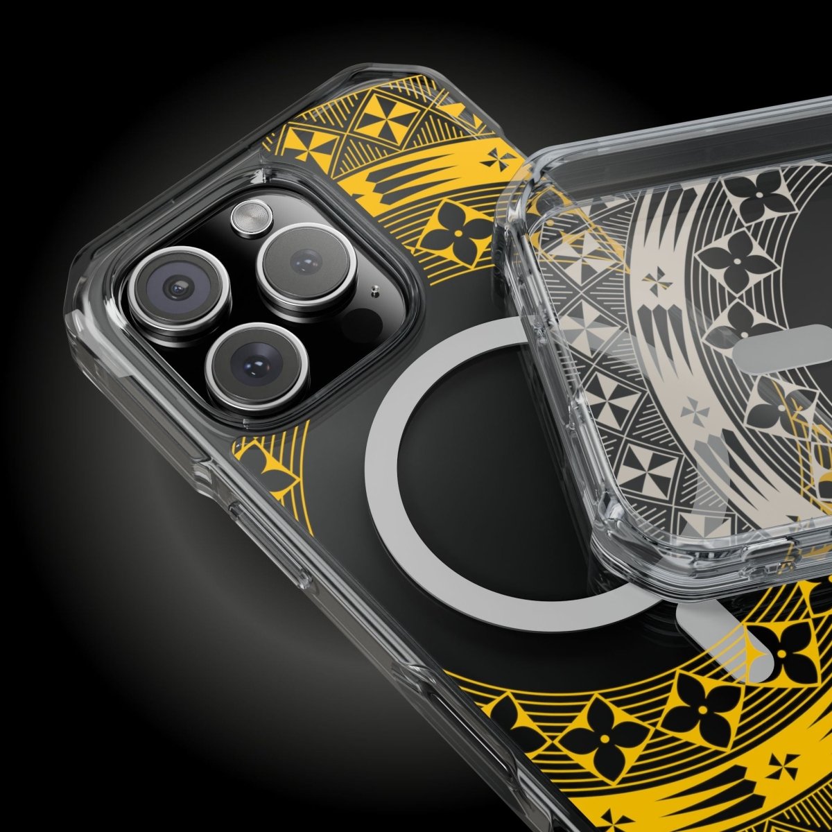 WOYC PasifikaOne MagSafe clear case for iPhone 16 in Tongan Yellow, showcasing a transparent design with yellow accents.
