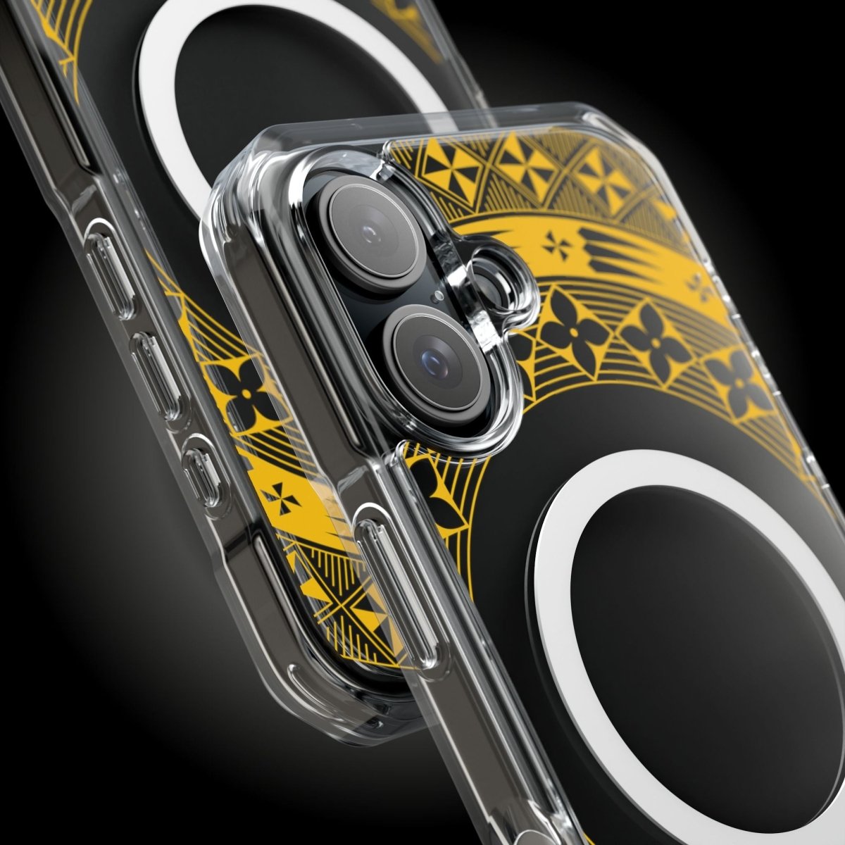 WOYC PasifikaOne MagSafe clear case for iPhone 16 in Tongan Yellow, showcasing a transparent design with yellow accents.