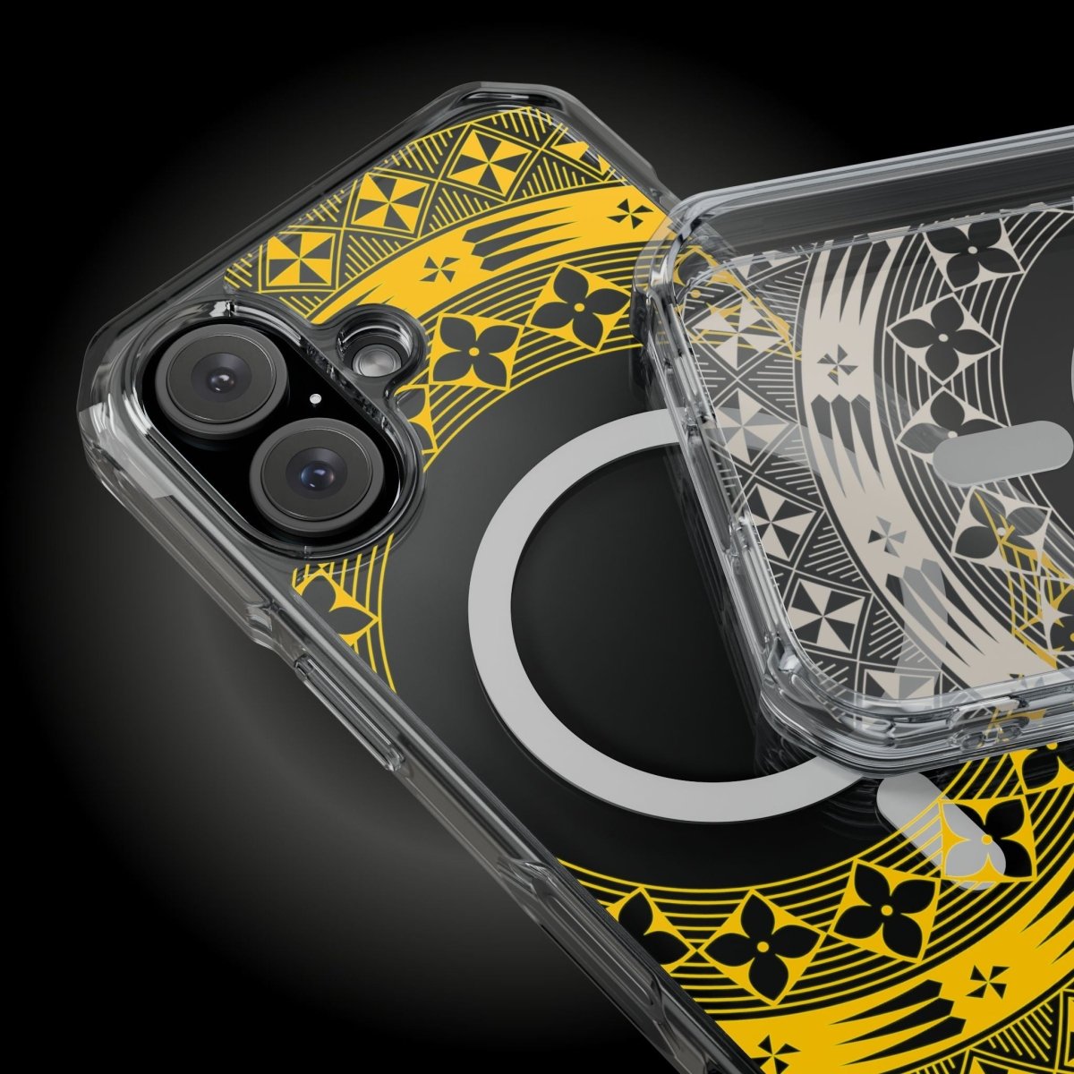 WOYC PasifikaOne MagSafe clear case for iPhone 16 in Tongan Yellow, showing the transparent design and MagSafe compatibility.