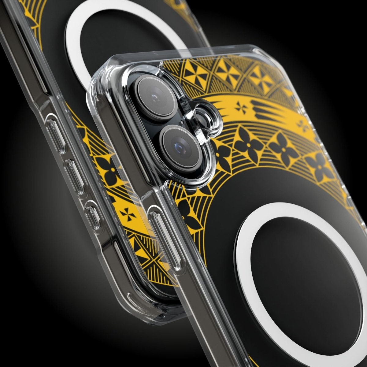 WOYC PasifikaOne MagSafe clear case for iPhone 16 in Tongan Yellow, showcasing a transparent design with yellow accents.