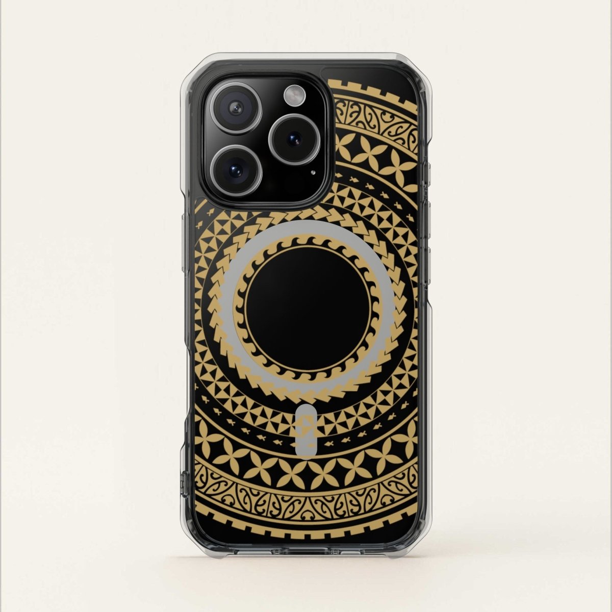 PasifikaOne MagSafe clear case for iPhone 16 in United Gold, showcasing a transparent design with gold accents.