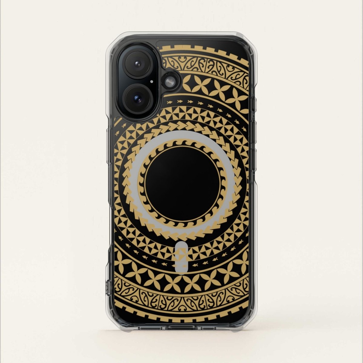 PasifikaOne MagSafe clear case for iPhone 16 in United Gold, showcasing transparent design and gold accents.