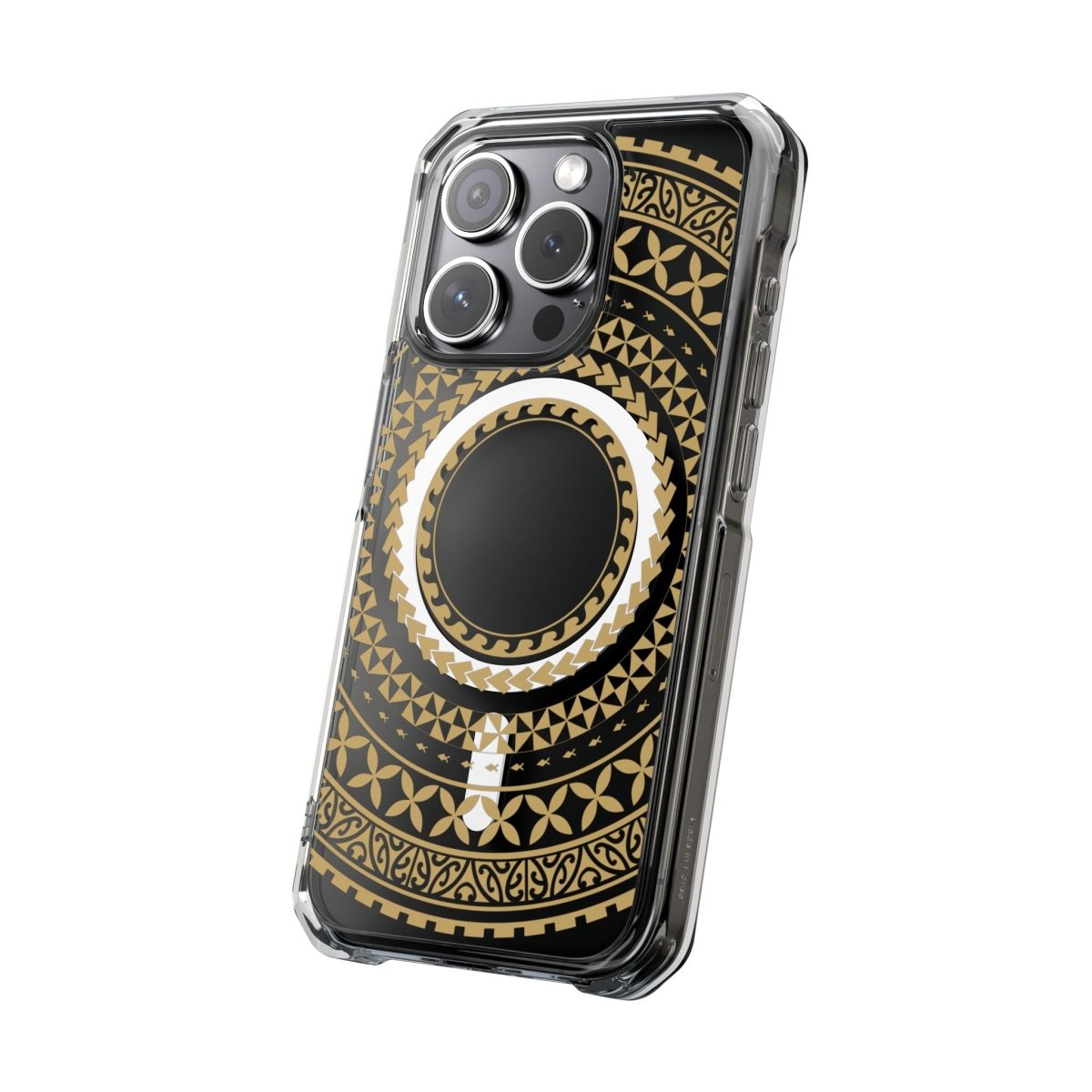 PasifikaOne MagSafe clear case for iPhone 16 in United Gold, showing the transparent design and gold accents.