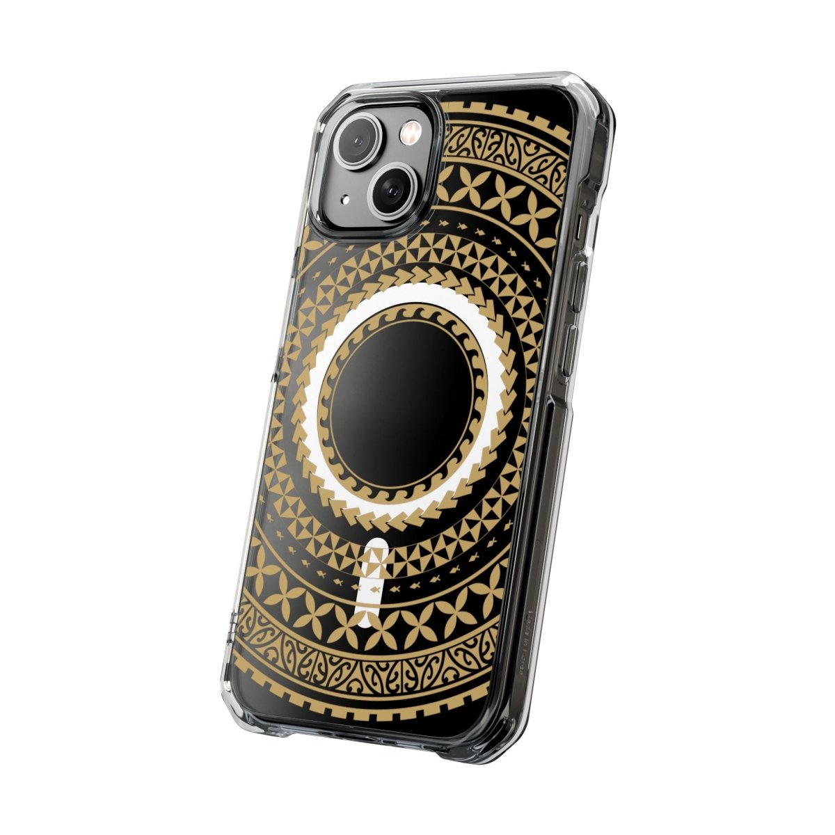 PasifikaOne MagSafe clear case for iPhone 16 in United Gold, showing the transparent design and gold accents.