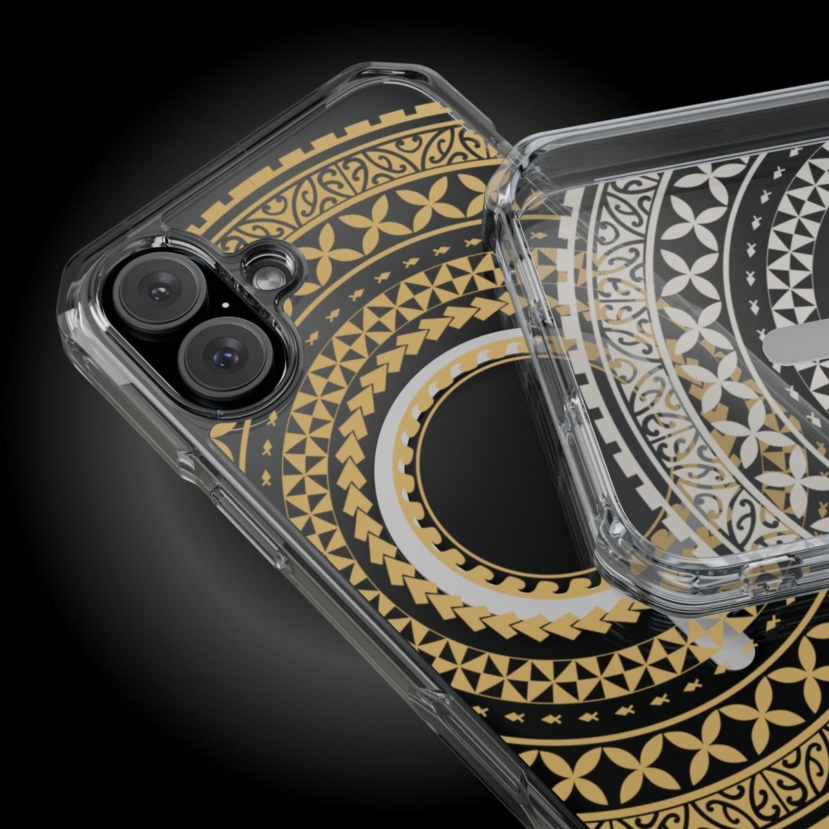 WOYC PasifikaOne MagSafe clear case for iPhone 16 in United Gold, showing the transparent design and gold accents.