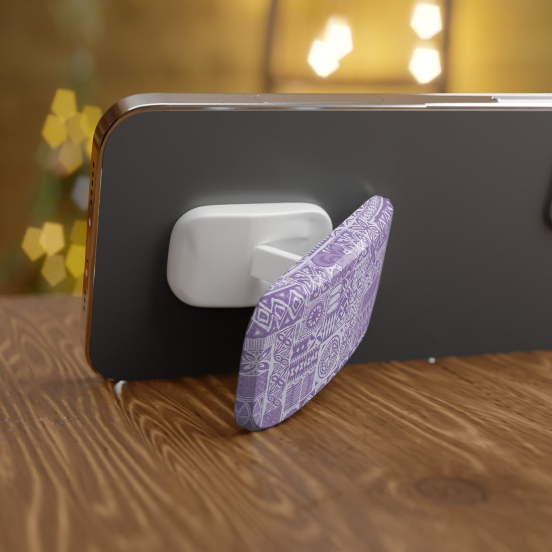 Glossy lavender Elei phone grip stand by WOYC for AU, NZ, and USA, showcasing a sleek, one-size white grip in a close-up shot.