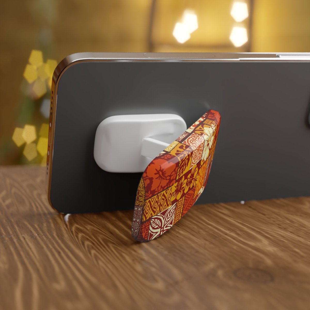 Glossy white WOYC Sataoa Sunrise phone grip stand featuring colorful sunrise design, compatible with AU, NZ, and USA devices.