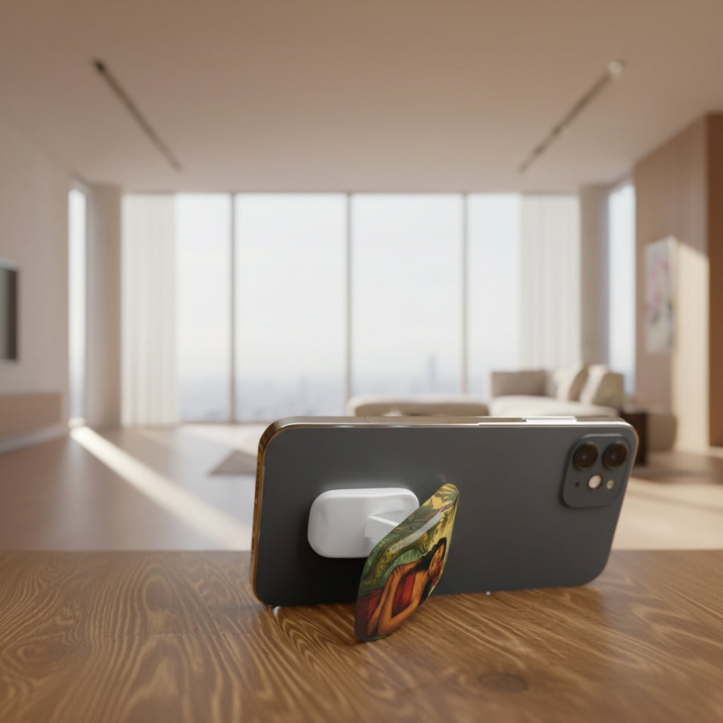 Glossy white WOYC phone grip stand featuring Sina & The Eel design, perfect for secure handling and stylish phone accessories.