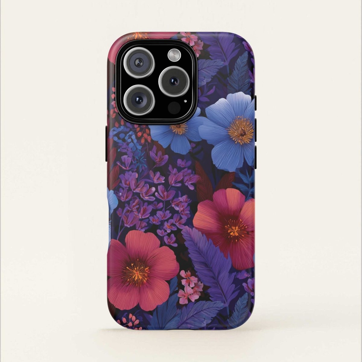 Lavender Tropics tough phone case for iPhone 17, glossy finish, durable protective cover with tropical design.