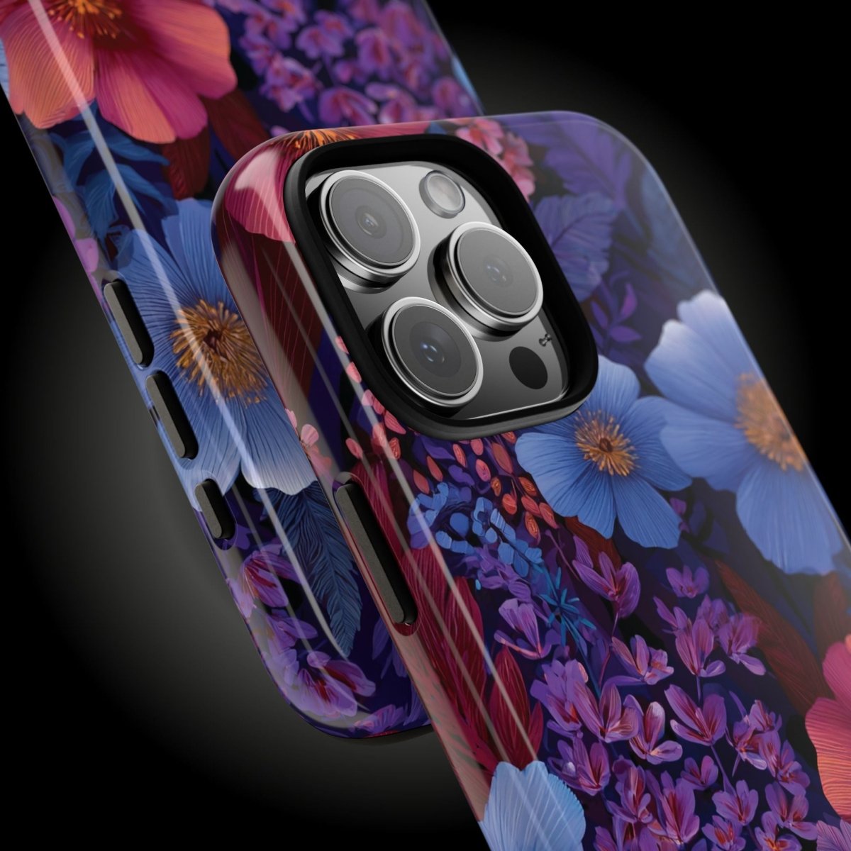 Lavender Tropics tough phone case for iPhone 17, glossy finish, designed, showing vibrant tropical pattern.