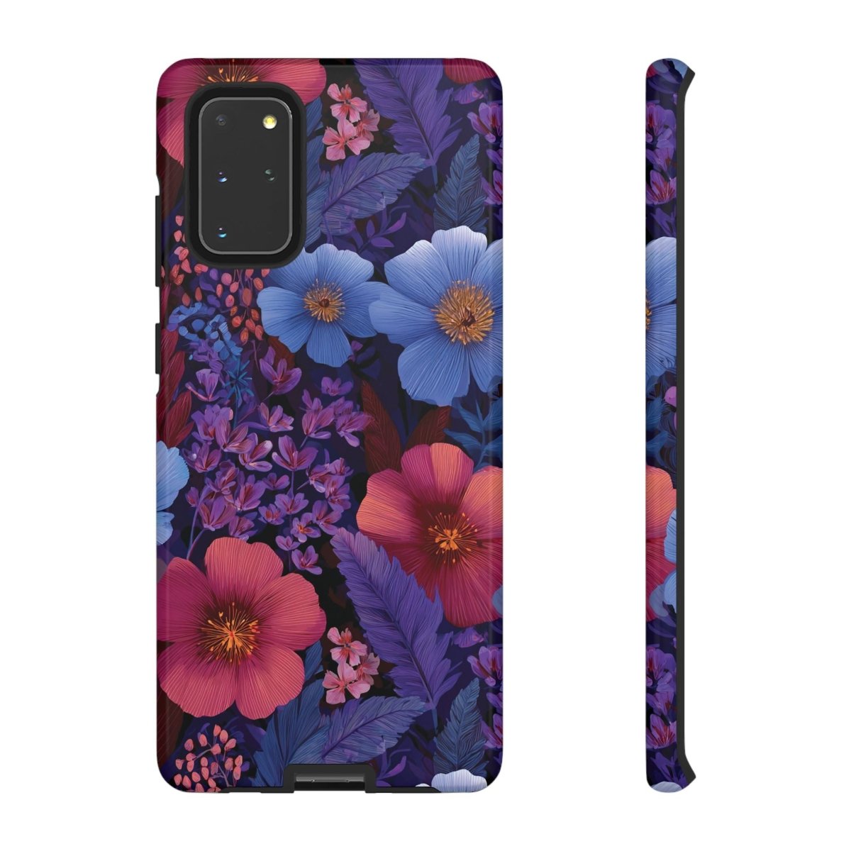Samsung Galaxy S25 tough phone case featuring a glossy Lavender Tropics design with vibrant colors and protective build.