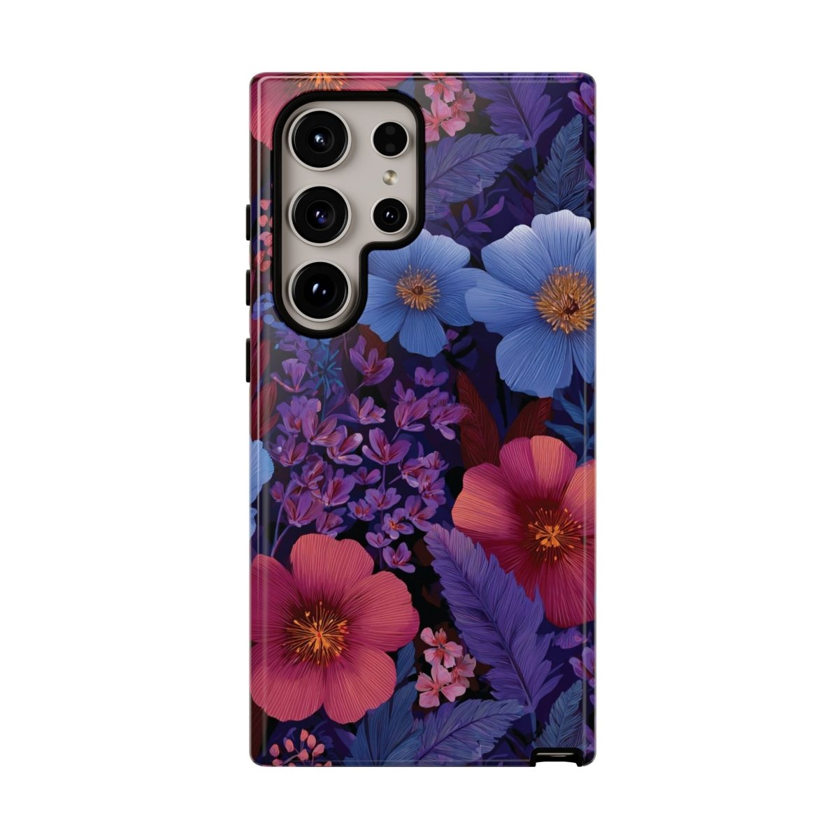 Samsung Galaxy S25 tough phone case in glossy Lavender Tropics design by Printify, featuring vibrant tropical patterns.