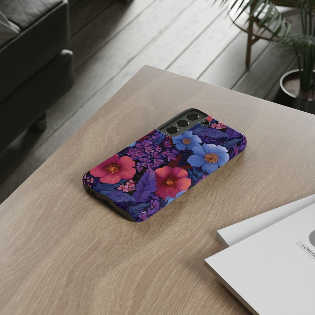 Samsung Galaxy S25 tough phone case with lavender tropics design by Printify, glossy finish, suitable for AU, NZ, and USA markets.