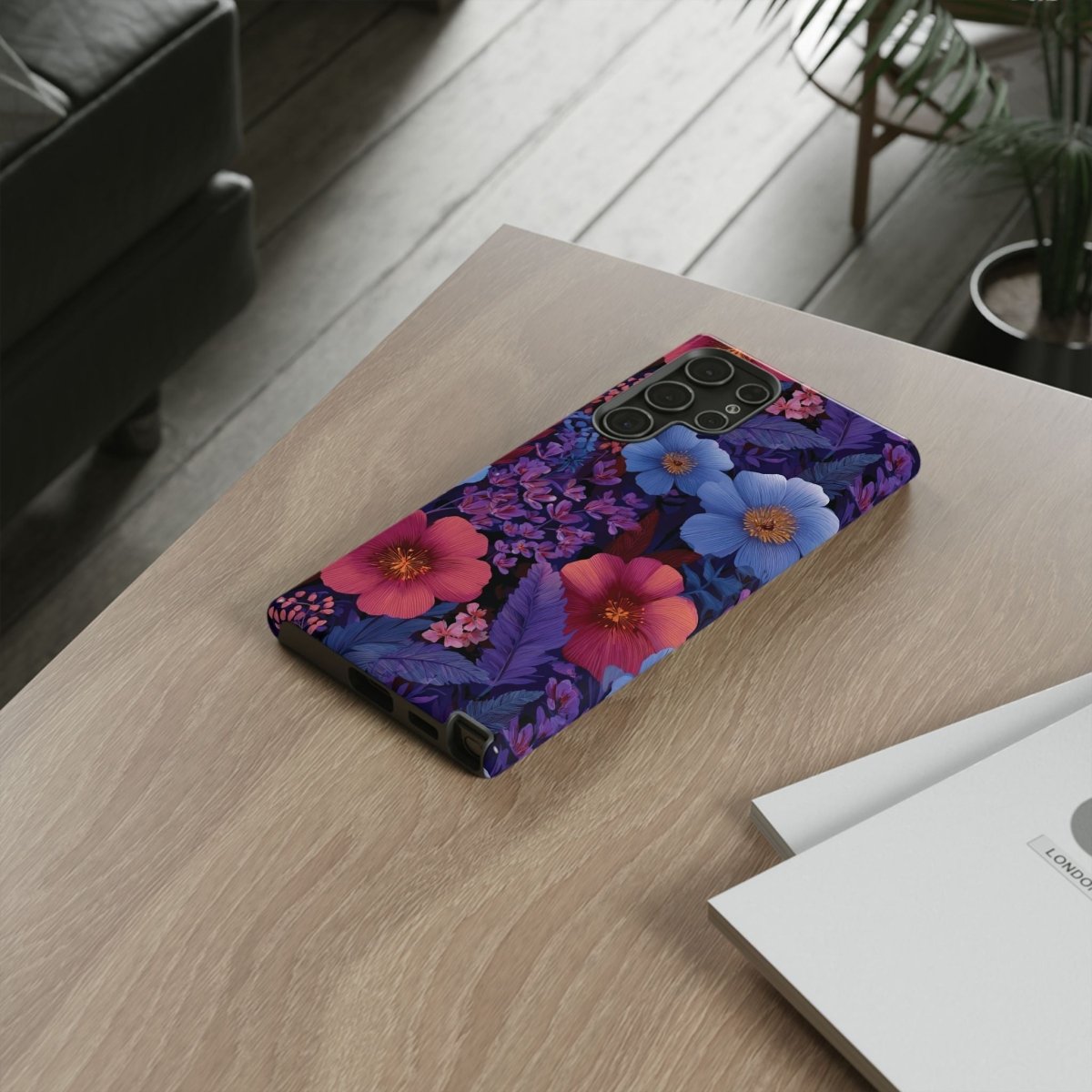 Samsung Galaxy S25 tough phone case by Printify featuring Lavender Tropics design, glossy finish, durable protective cover.
