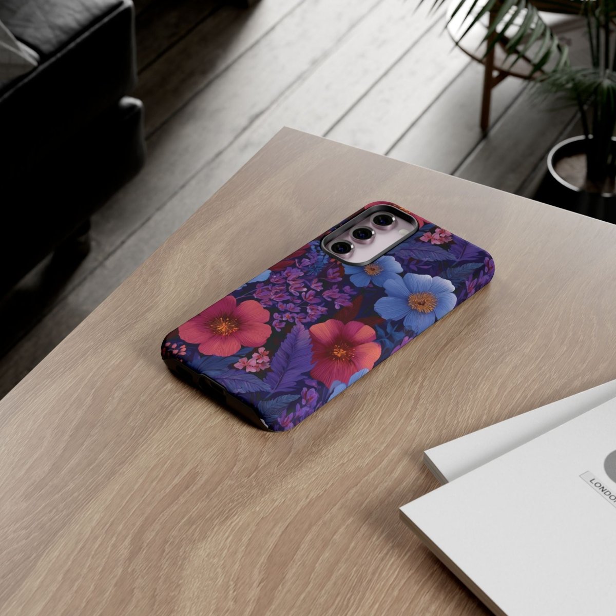 Samsung Galaxy S25 tough phone case by Printify in Lavender Tropics design, glossy finish with vibrant tropical pattern.