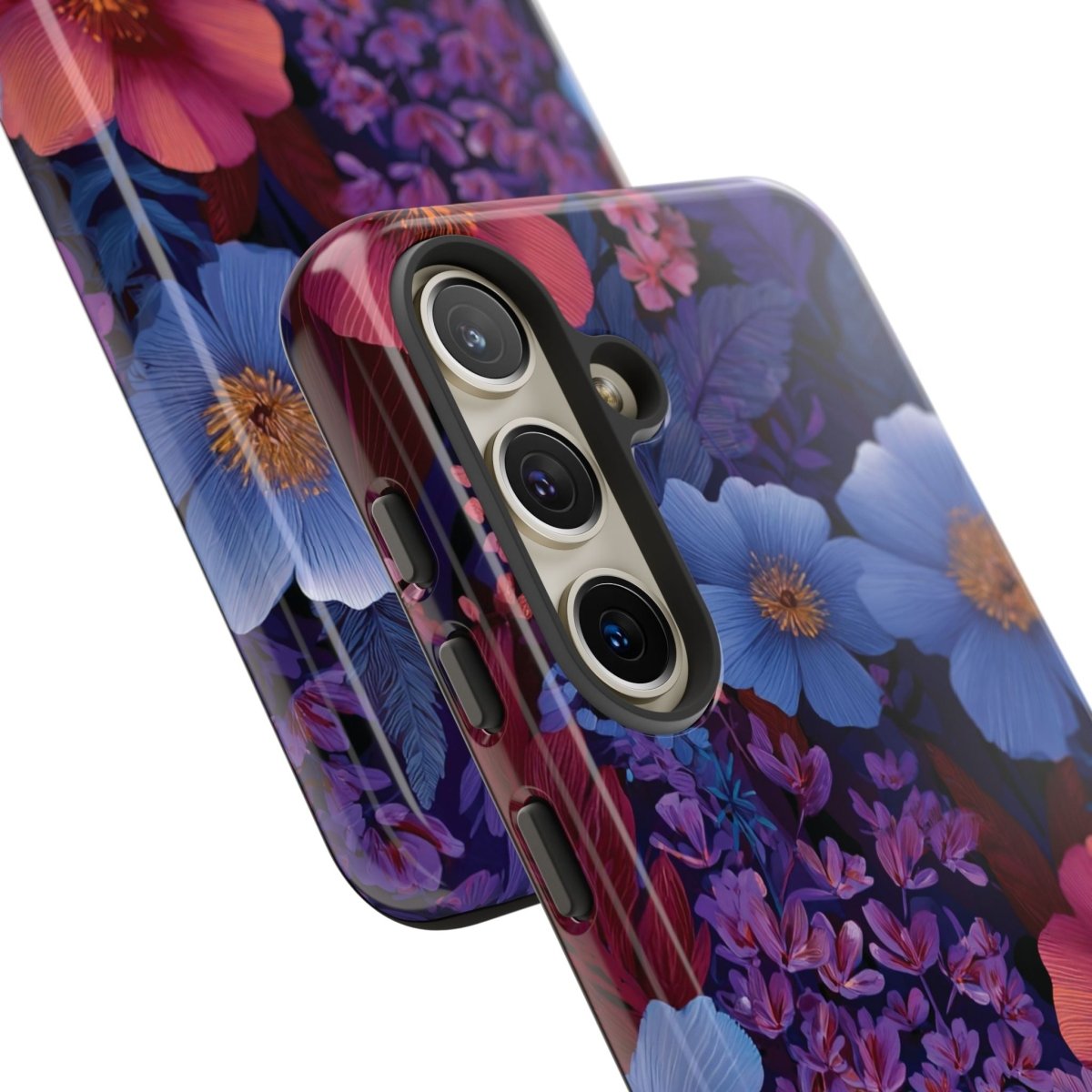 Samsung Galaxy S25 tough phone case in lavender tropics design by Printify, glossy protective cover with vibrant floral pattern.
