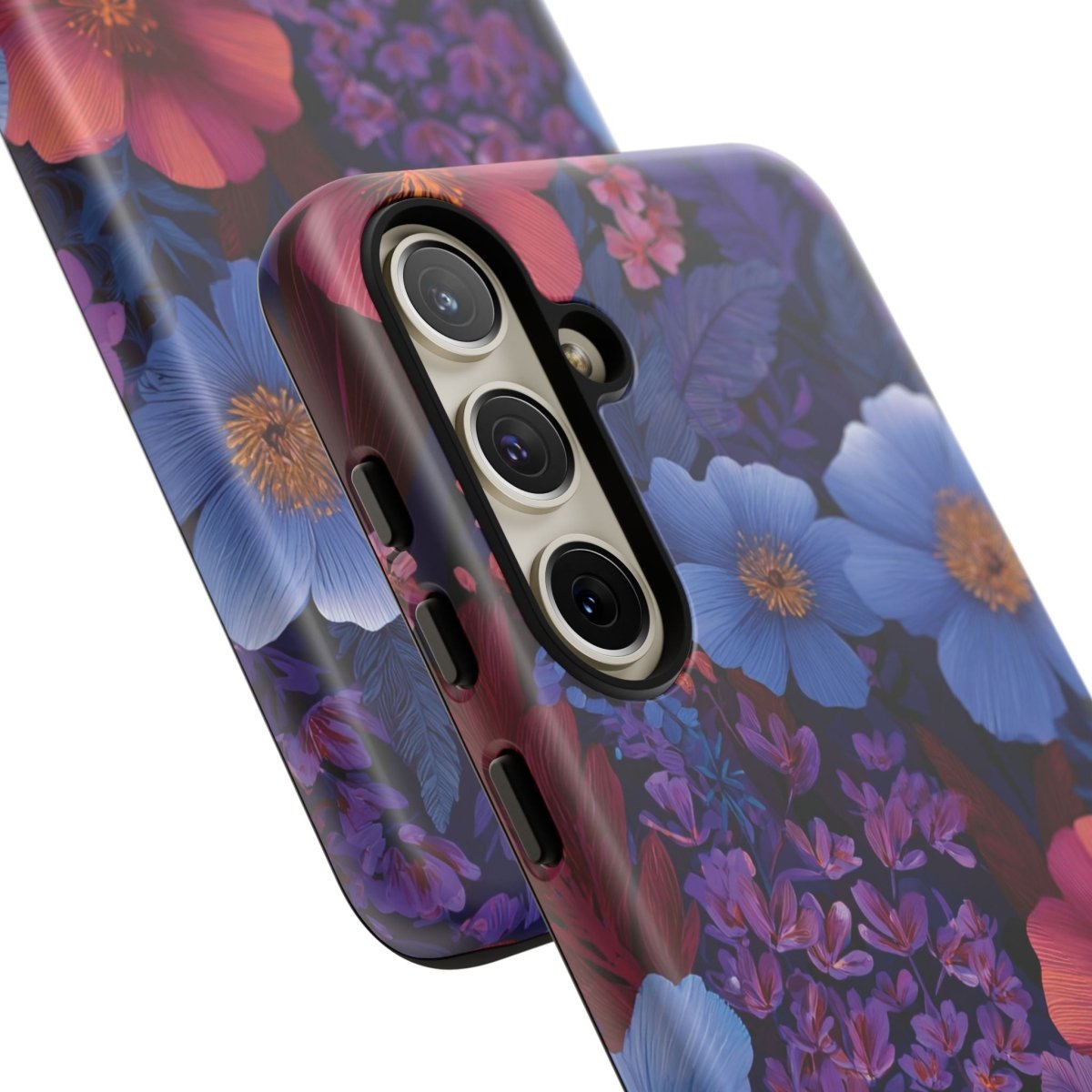 Samsung Galaxy S25 tough phone case by Printify with Lavender Tropics design, glossy finish and vibrant floral pattern.