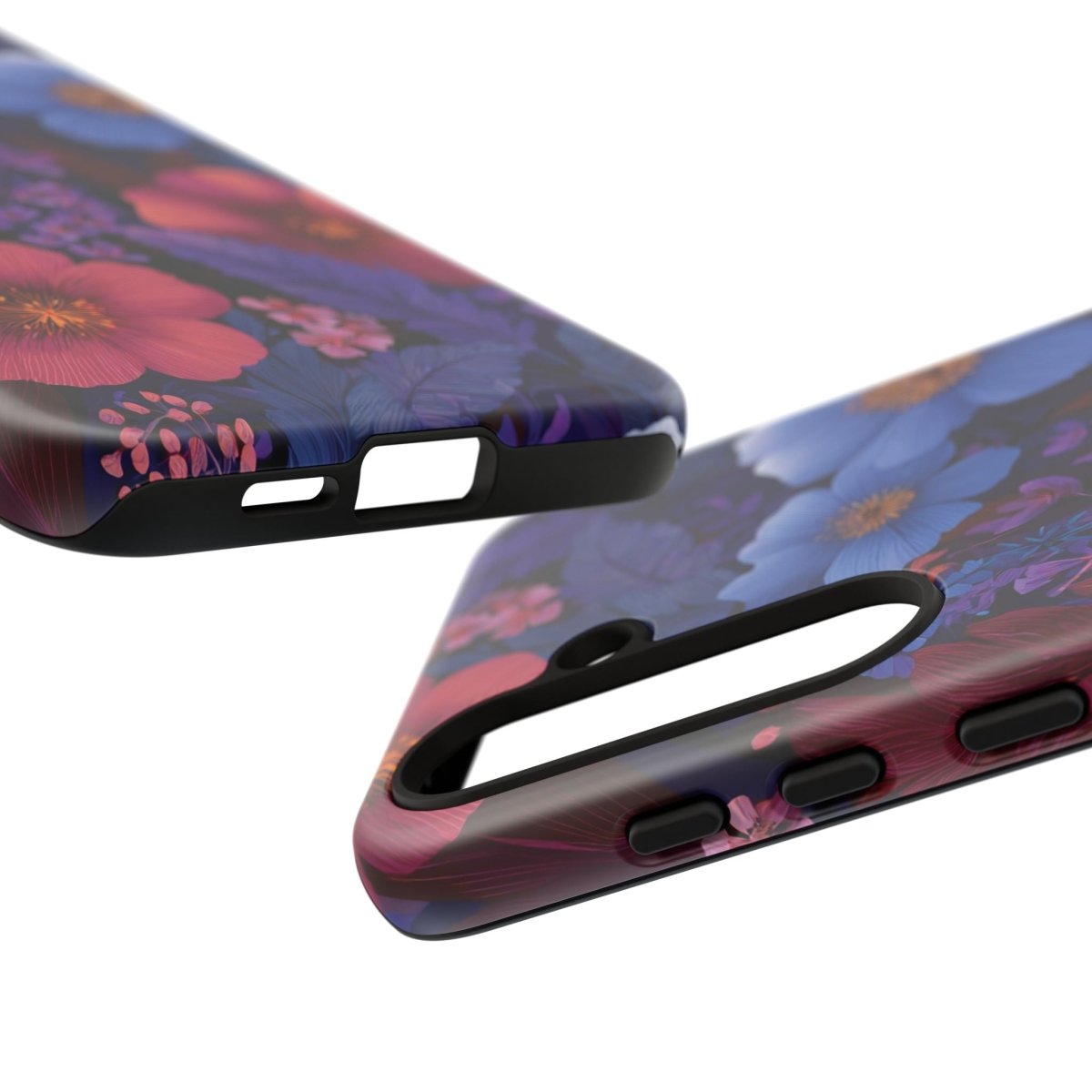 Samsung Galaxy S25 tough phone case by Printify featuring lavender tropics design, glossy finish, with vibrant floral pattern.