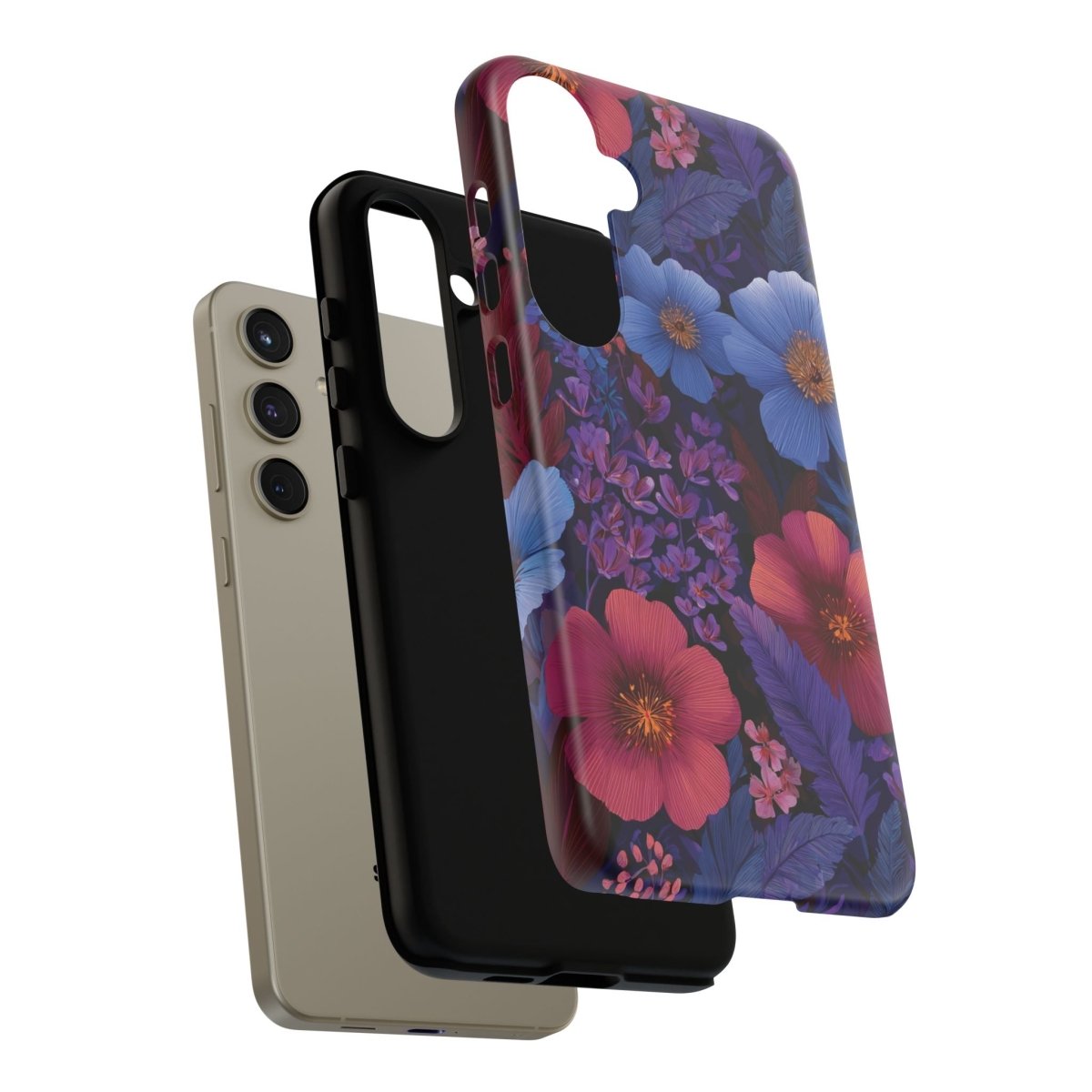 Samsung Galaxy S25 tough phone case in Lavender Tropics design, glossy finish, durable protective case by Printify.